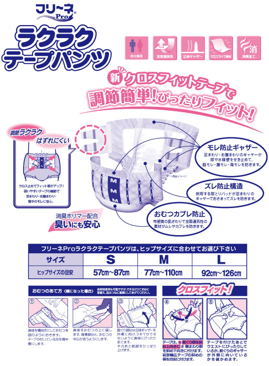 クロスフィットテープでぴったりフィット!背モレ、横モレ、股モレ防止3大ギャザー。吸収体ポケット加工。股部スッキリ吸収設計。全面通気クロスライクバックシート。